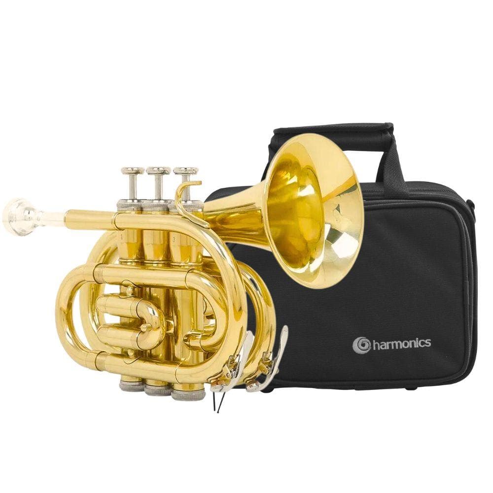 Harmonics Small Trumpet HMT-500L Bb Mini Pocket Trumpet Gold Lacquer with Soft Carrying Case
