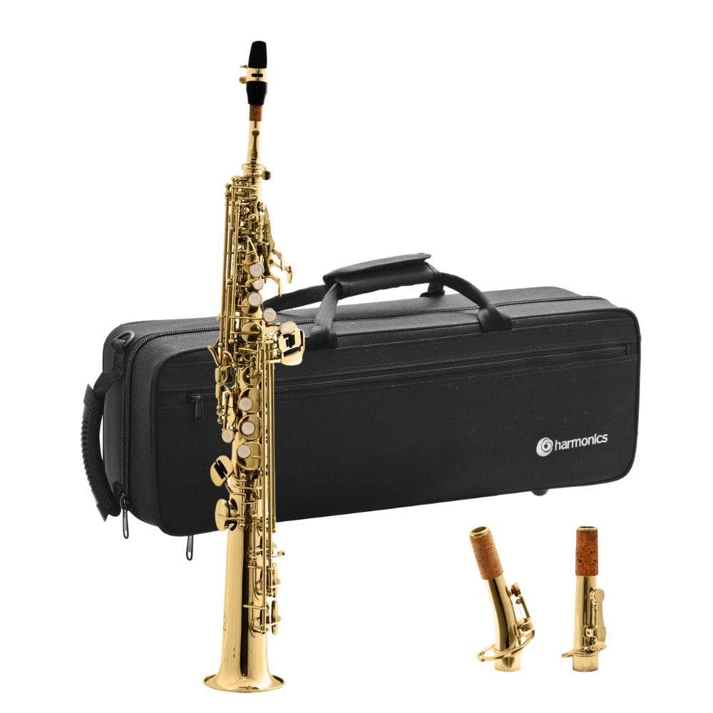 Harmonics HST-410L Bb Straight Soprano Saxophone Gold Lacquer with Luxury Case, Curved Tudel